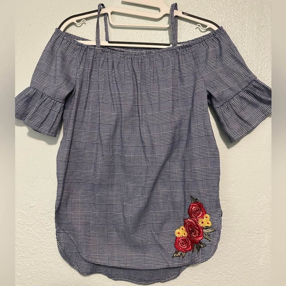 One Step up Blue Plaid Off-Shoulder Top with Embroidered Floral Detail